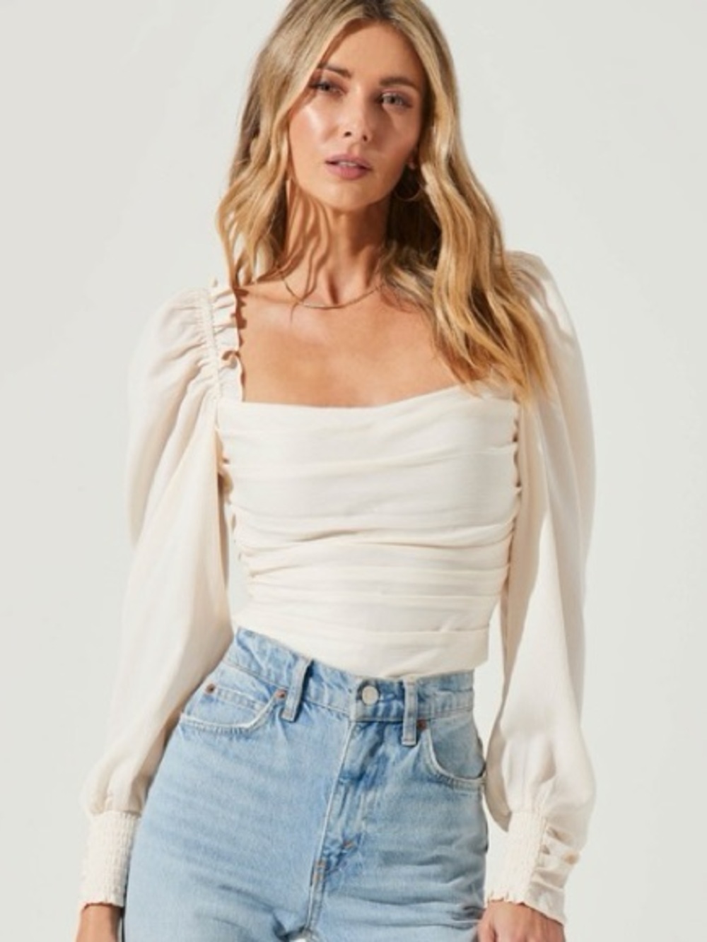Astr M Ruched Cream Square Neck Long Sleeve Top Puffed Sleeves Smocking Boho